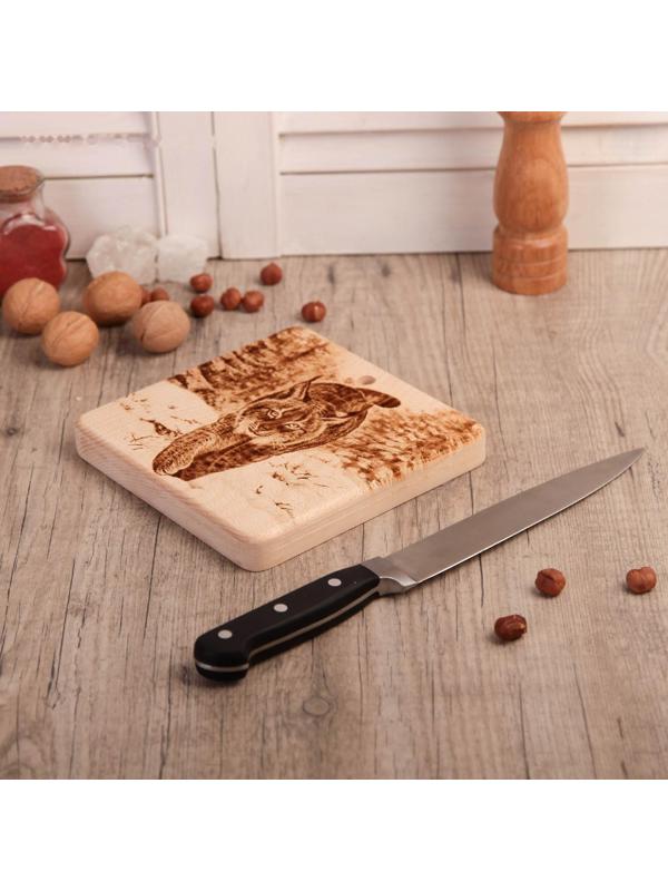 Доска из массива кедра «Рысь на снегу», квадратная, 18 × 18 см