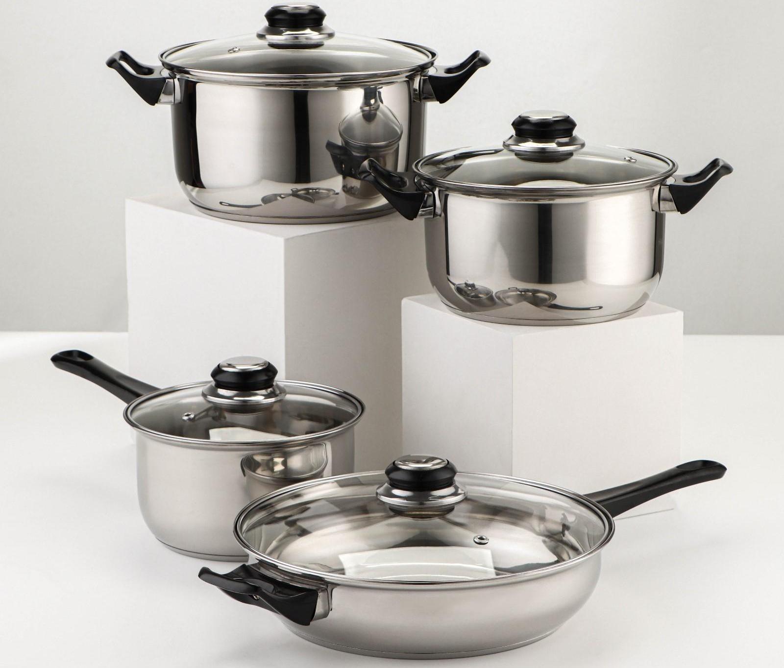 Набор посуды из нержавеющей стали «Чёрная ночь», 8 предметов: ковш 1,5 л, 2 кастрюли 2/3 л, сковорода d=24 см, крышки, стенки 0,3 мм, дно 5 мм