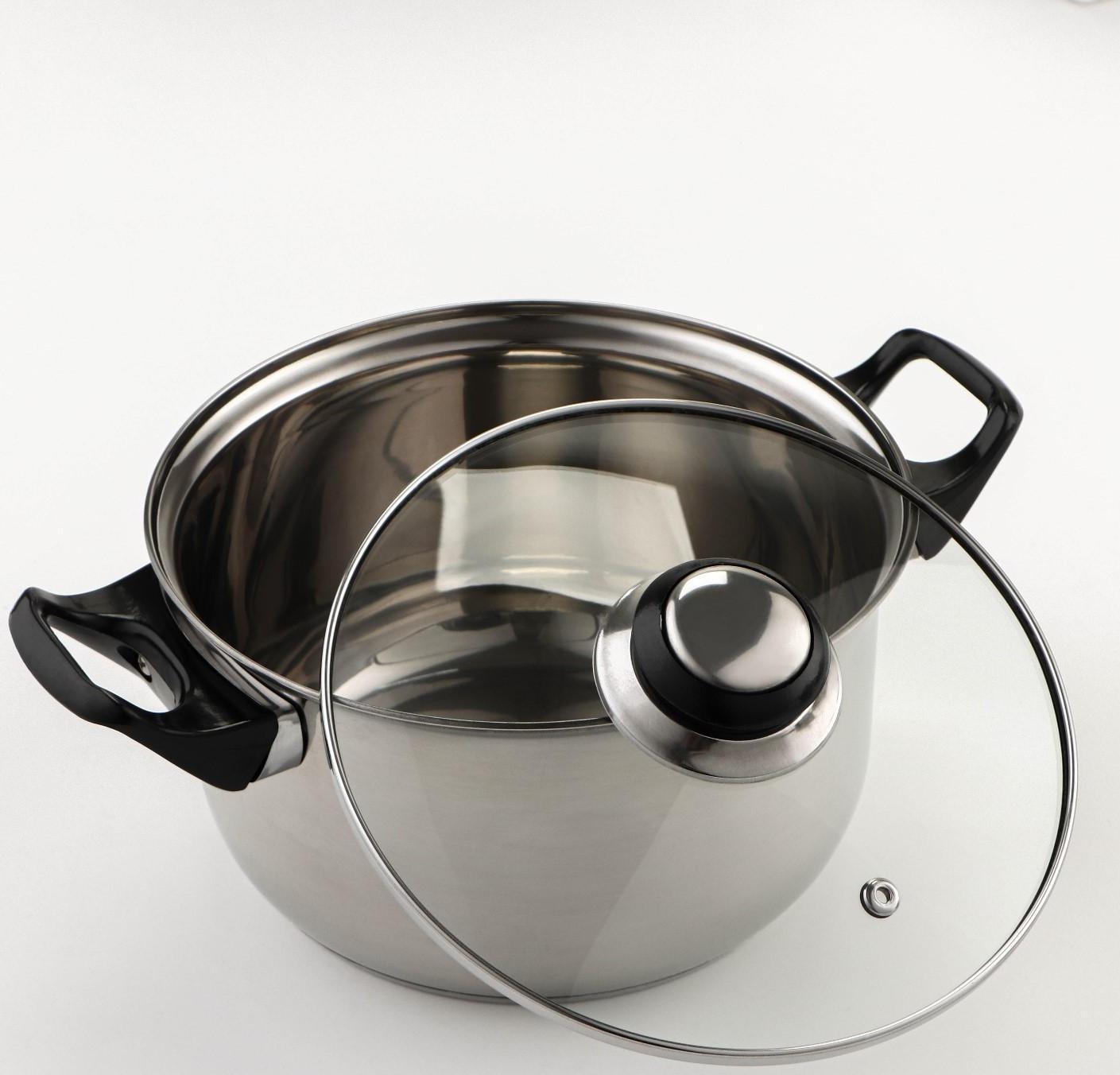 Набор посуды из нержавеющей стали «Чёрная ночь», 8 предметов: ковш 1,5 л, 2 кастрюли 2/3 л, сковорода d=24 см, крышки, стенки 0,3 мм, дно 5 мм