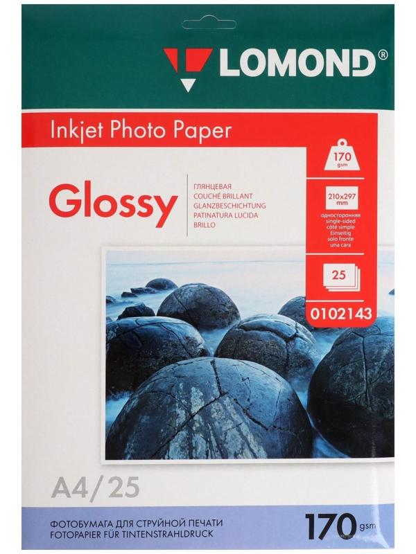Фотобумага для струйной печати А4, 25 листов LOMOND, 170 г/м2, односторонняя, глянцевая (0102143)
