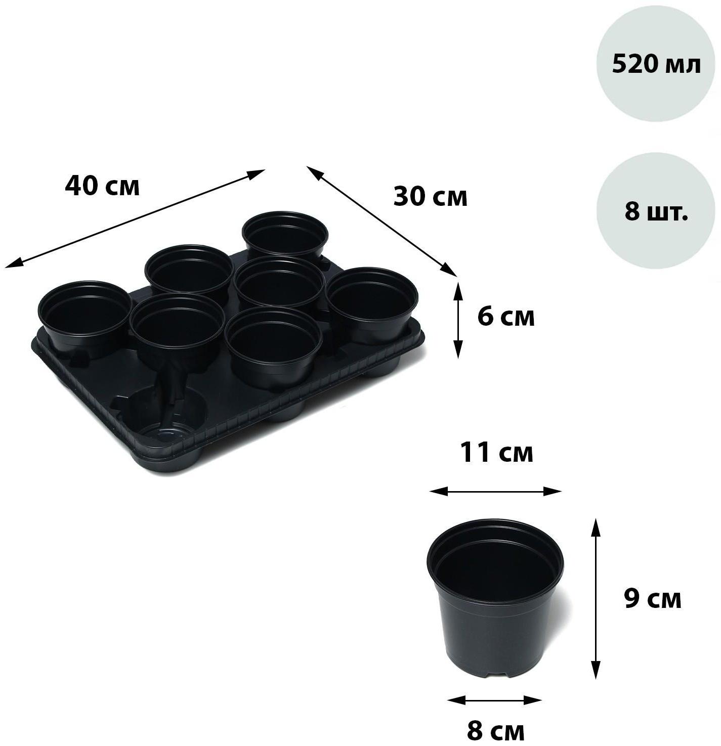 Набор для рассады: стаканы по 520 мл (8 шт.), поддон 40 × 30 см, чёрный, Greengo