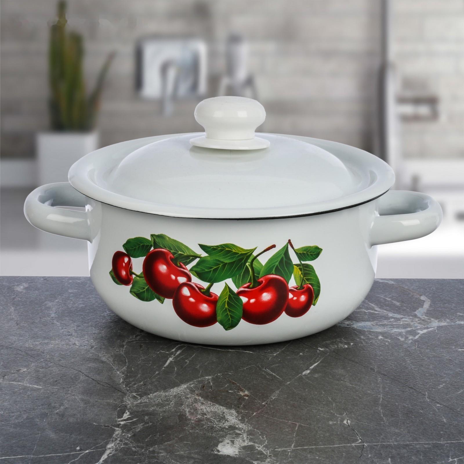 Кастрюля, 1,5 л, эмалированная крышка, индукция, декор МИКС, цвет белый