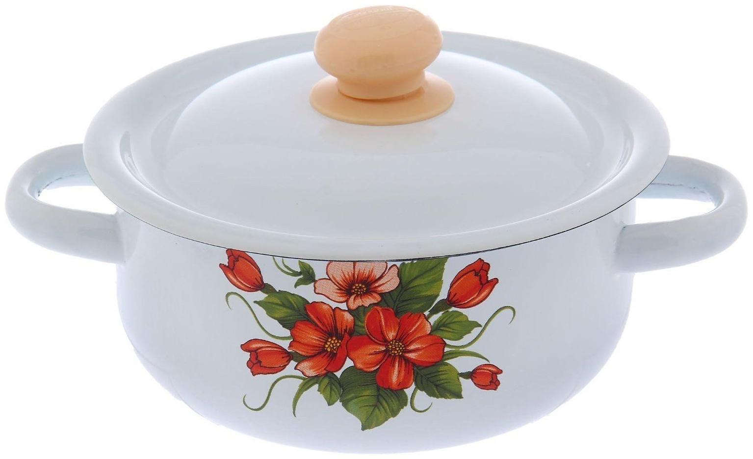 Кастрюля, 1,5 л, эмалированная крышка, индукция, декор МИКС, цвет белый