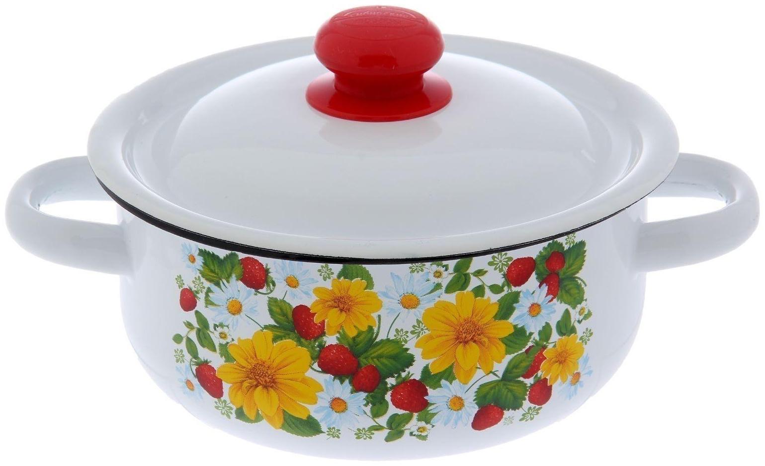 Кастрюля, 1,5 л, эмалированная крышка, индукция, декор МИКС, цвет белый