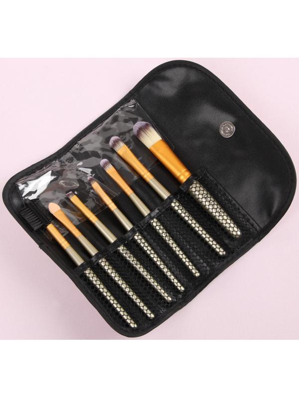 Набор кистей для макияжа, 7 предметов, чехол на кнопке, цвет золотой/зелёный