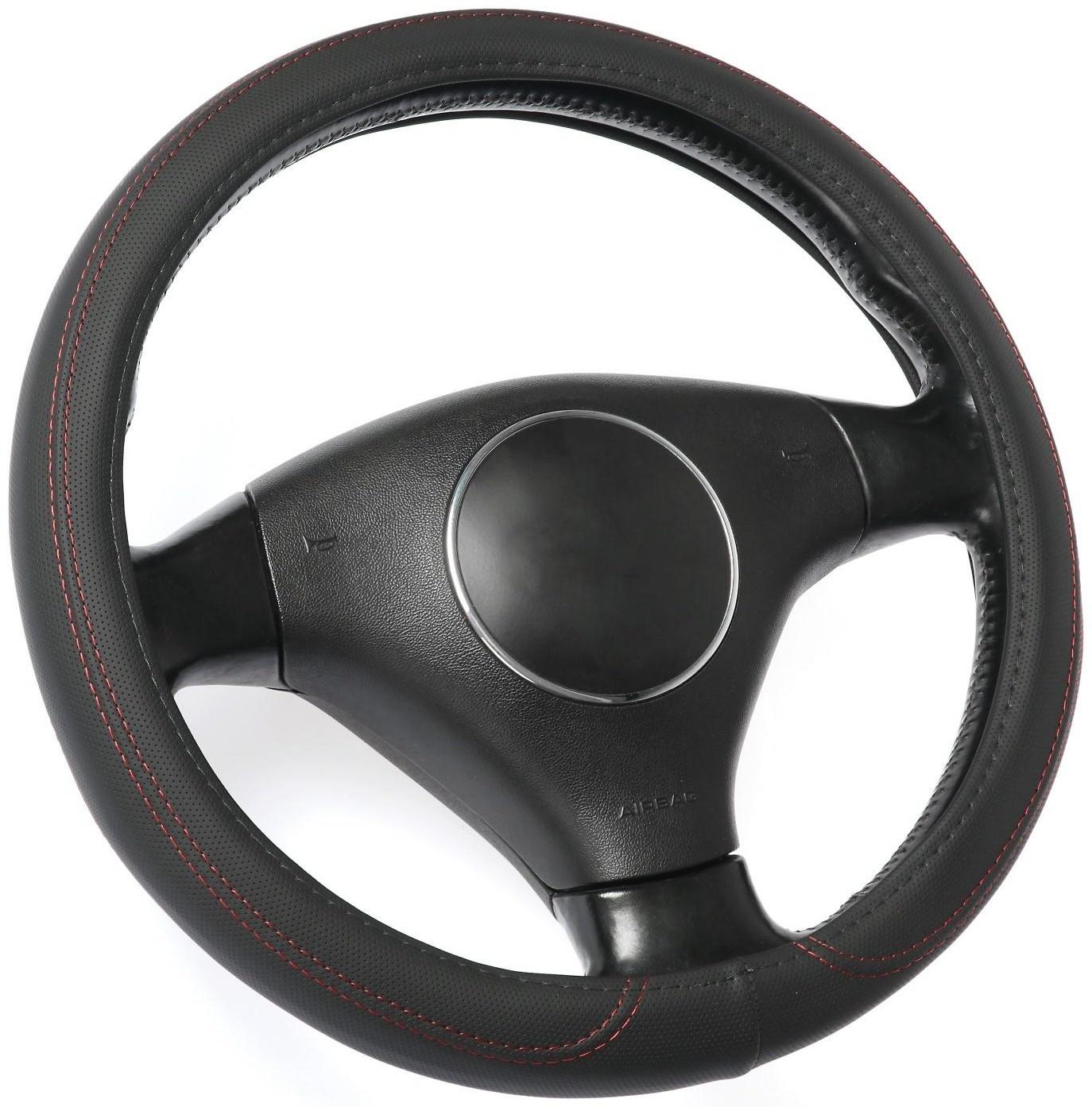 Оплётка TORSO, кожа PU, перфорация, размер 38 см, красная строчка, черный