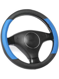 Оплетка TORSO, кожа PU, перфорация, размер 38 см, чёрная, синяя вставка