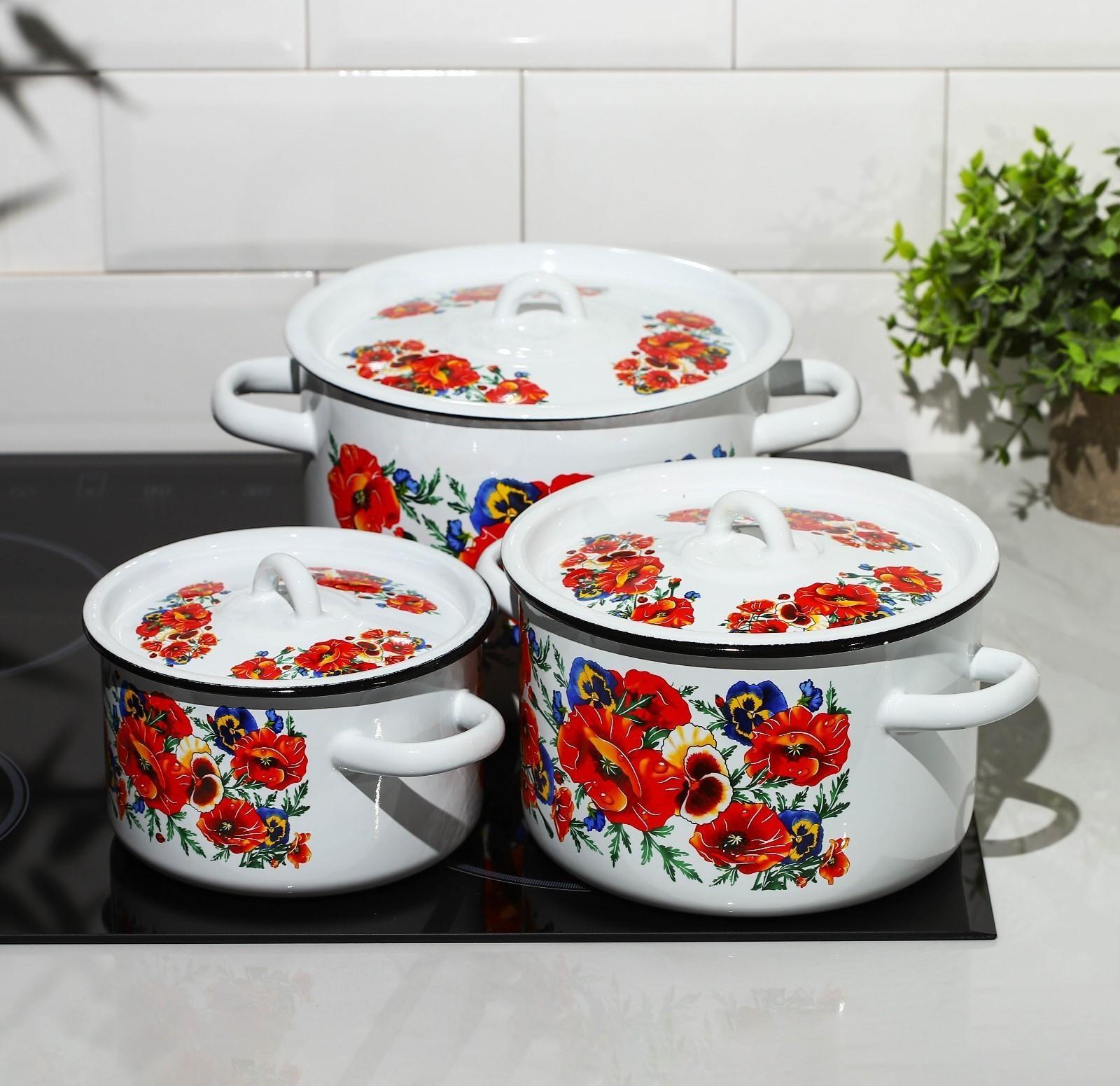 Набор кастрюль «Маки. Мечта», 3 предмета: 1,5 л, 2,9 л, 4,5 л, цвет белый