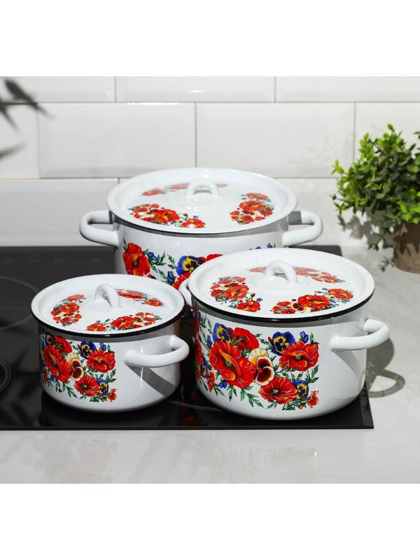 Набор кастрюль «Маки. Мечта», 3 предмета: 1,5 л, 2,9 л, 4,5 л, цвет белый