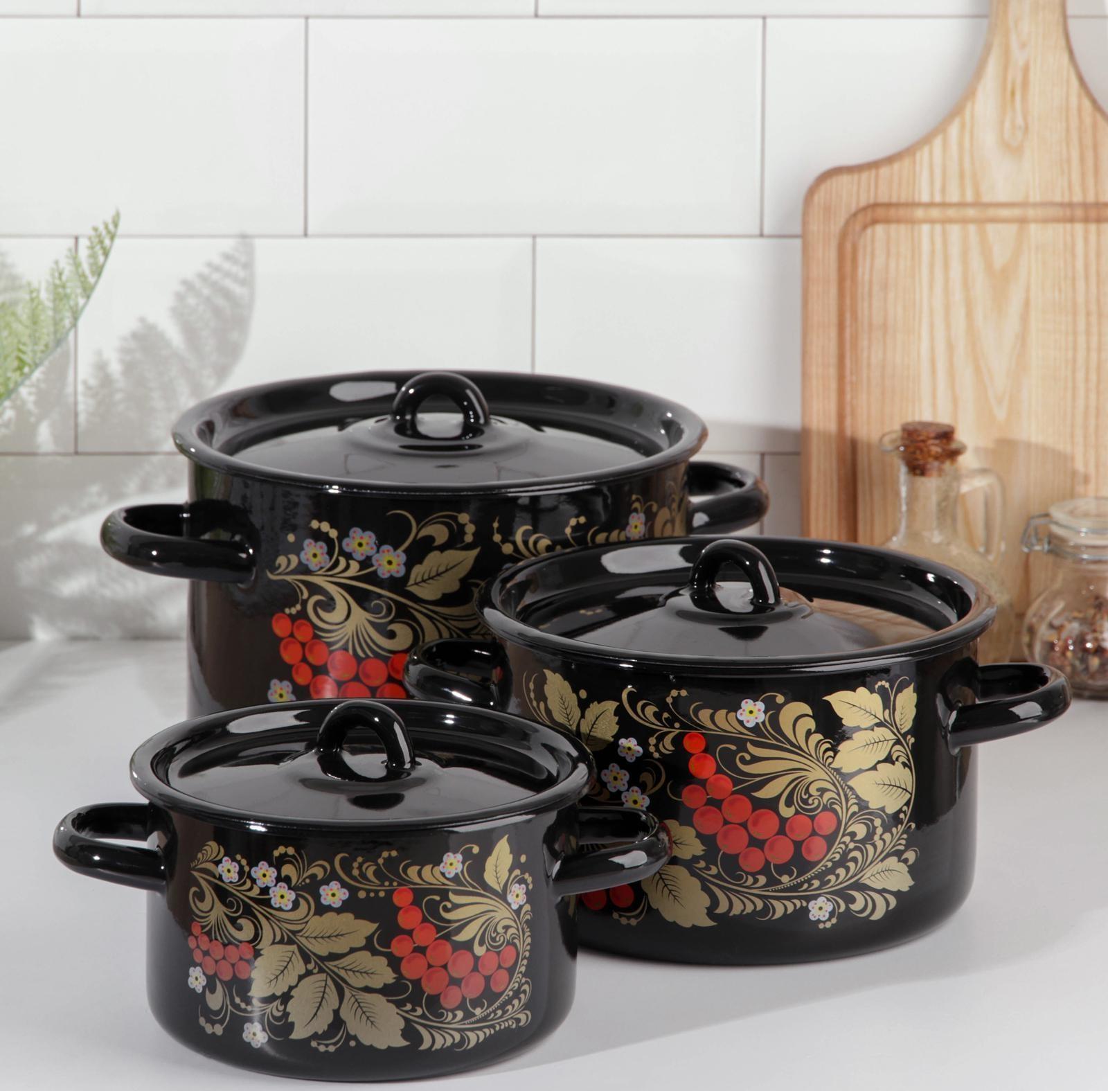 Набор кастрюль «Рябина», 3 предмета: 1,5 л, 2,9 л, 4,5 л, эмалированные крышки, индукция, цвет чёрный