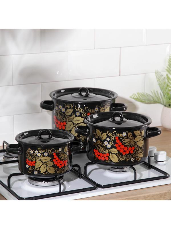 Набор кастрюль «Рябина», 3 предмета: 1,5 л, 2,9 л, 4,5 л, эмалированные крышки, индукция, цвет чёрный