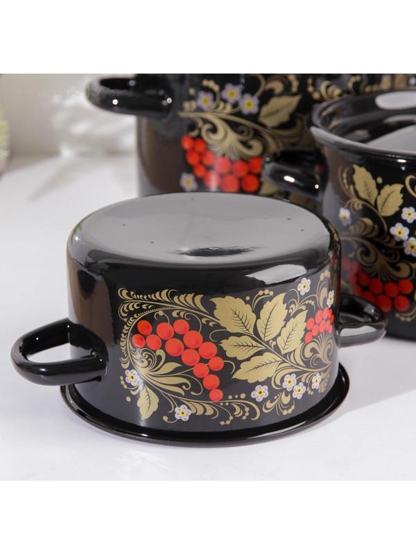 Набор кастрюль «Рябина», 3 предмета: 1,5 л, 2,9 л, 4,5 л, эмалированные крышки, индукция, цвет чёрный