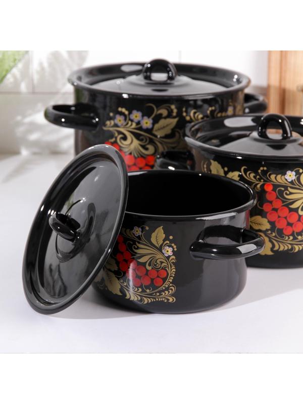Набор кастрюль «Рябина», 3 предмета: 1,5 л, 2,9 л, 4,5 л, эмалированные крышки, индукция, цвет чёрный