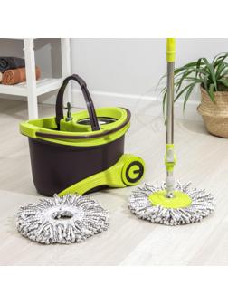 Набор для уборки: ведро на колёсиках с металлической центрифугой 18 л, швабра, запасная насадка из микрофибры, 2 дозатора, цвет МИКС