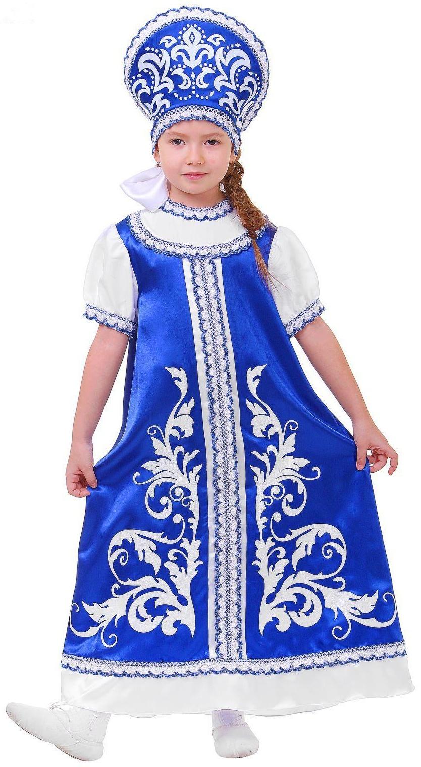 Русский костюм для девочки: платье с кокеткой, кокошник, р-р 68, рост 134-140 см, цвет синий