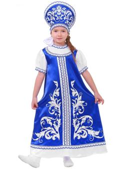 Русский костюм для девочки: платье с кокеткой, кокошник, р-р 68, рост 134-140 см, цвет синий