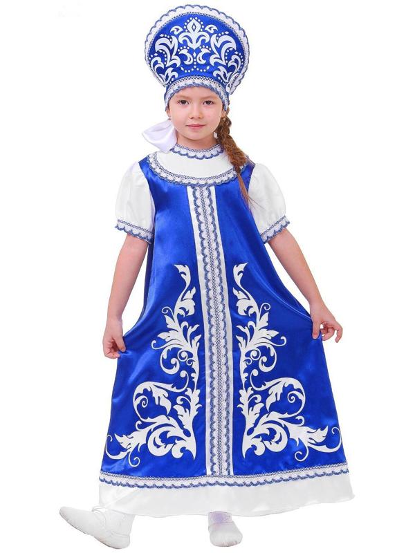 Русский костюм для девочки: платье с кокеткой, кокошник, р-р 68, рост 134-140 см, цвет синий