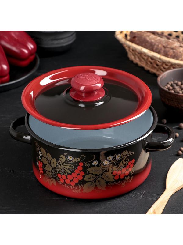 Кастрюля, 2 л, металлическая крышка, пластмассовая ручка, индукция, цвет красно-чёрный с тонированием МИКС