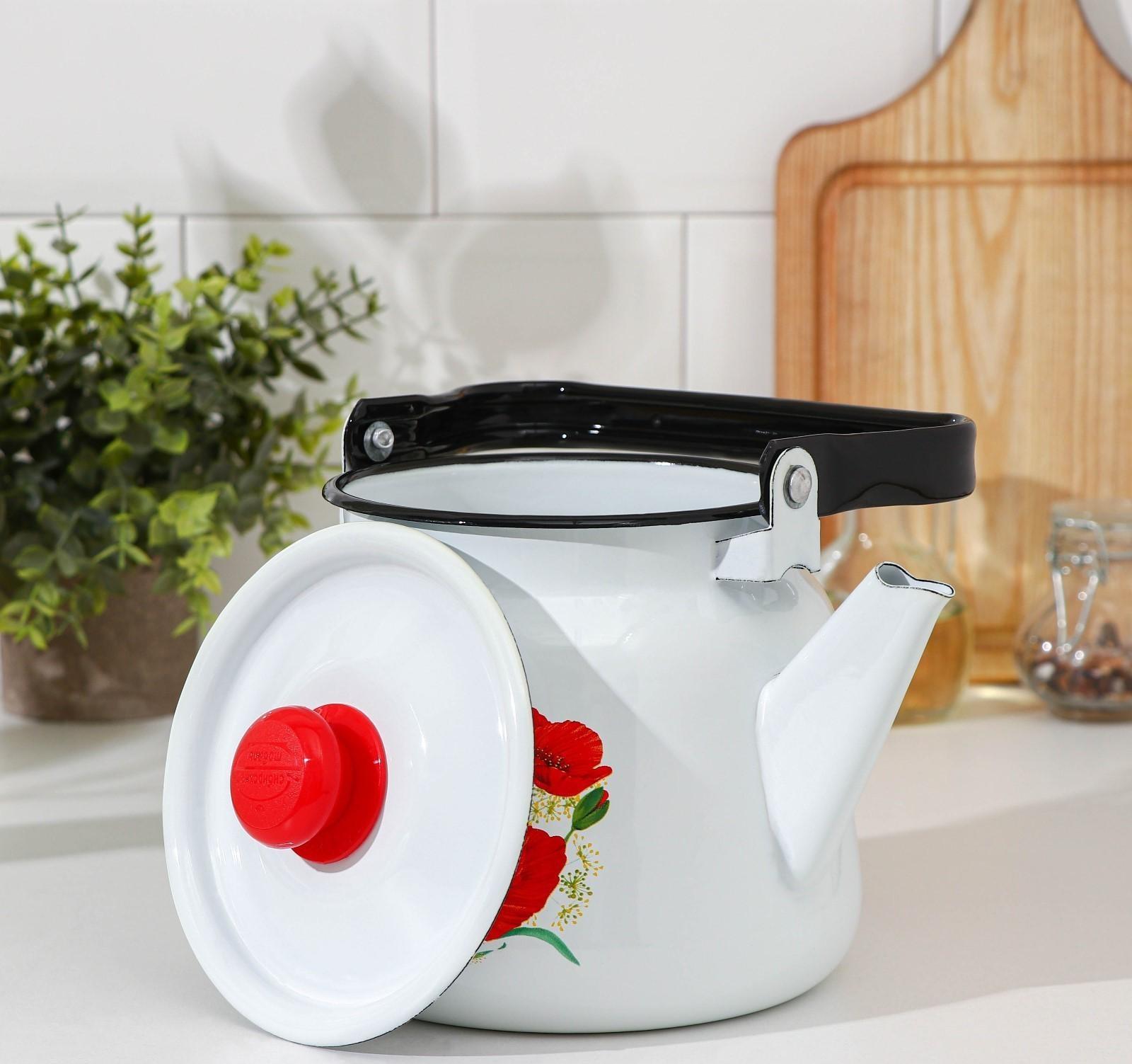 Чайник «Маки», 2,3 л, эмалированная крышка, индукция, цвет белый