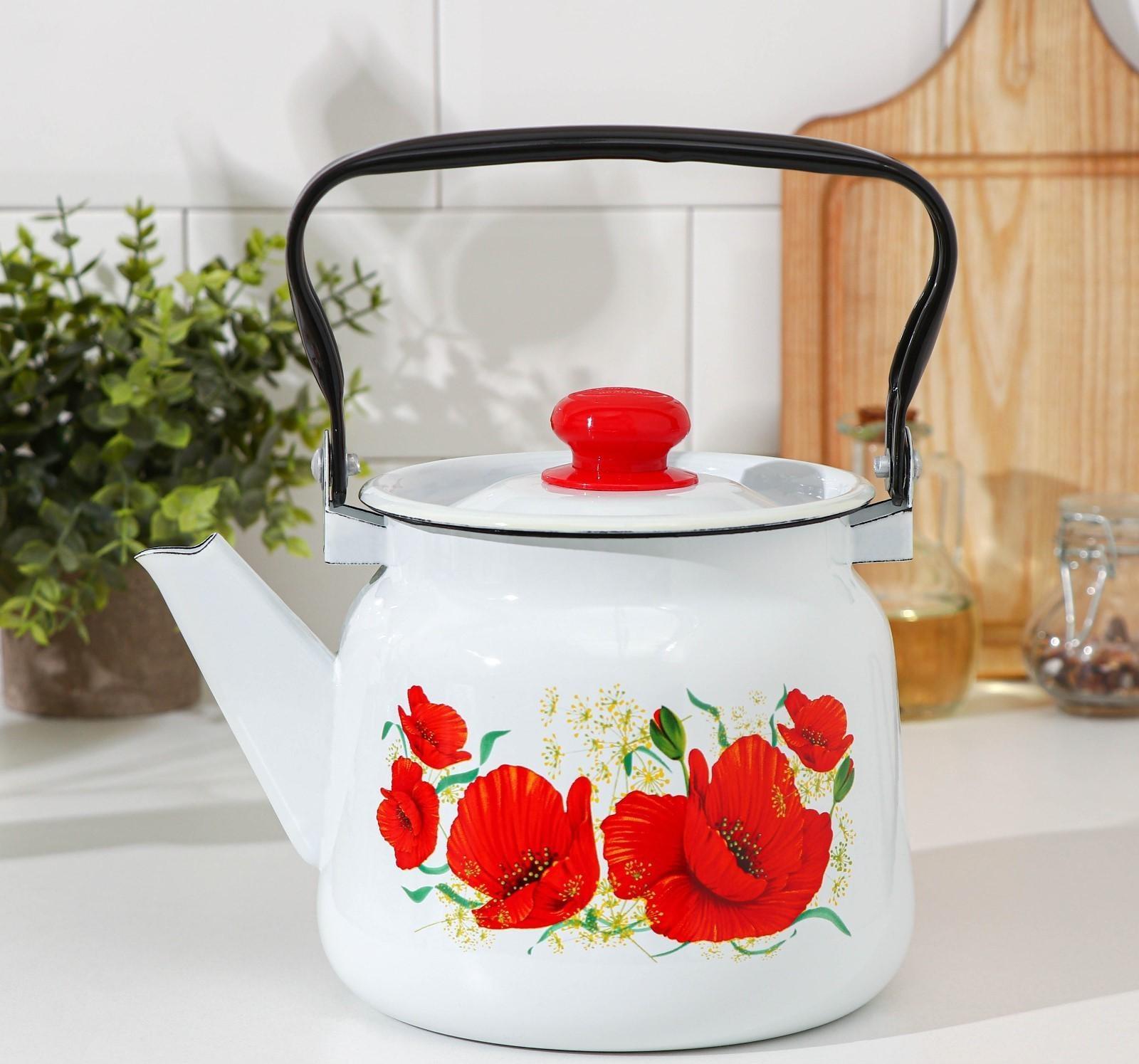 Чайник «Маки», 2,3 л, эмалированная крышка, индукция, цвет белый