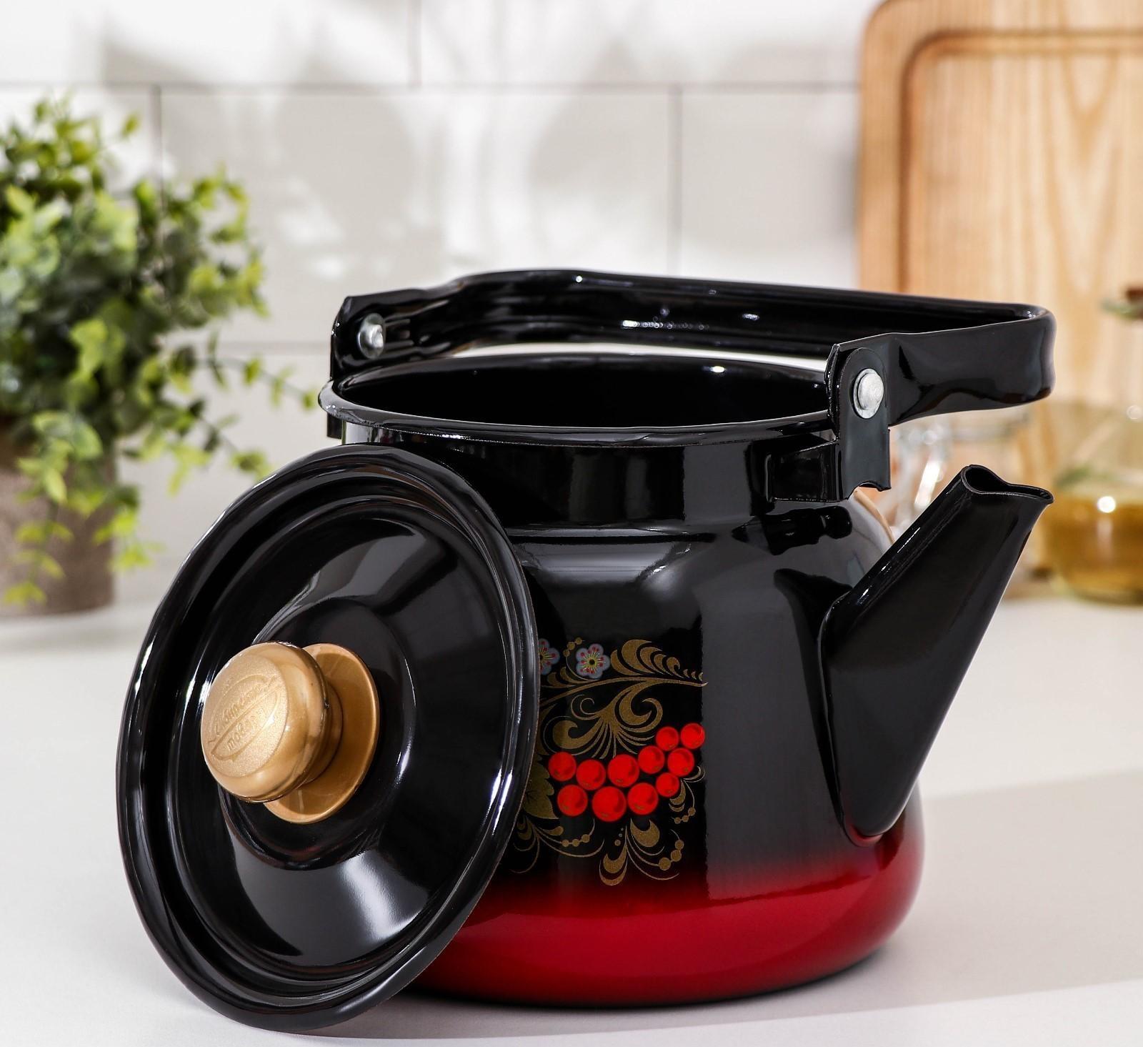 Чайник «Рябина», 2,3 л, эмалированная крышка, индукция, цвет красно-чёрный, деколь МИКС