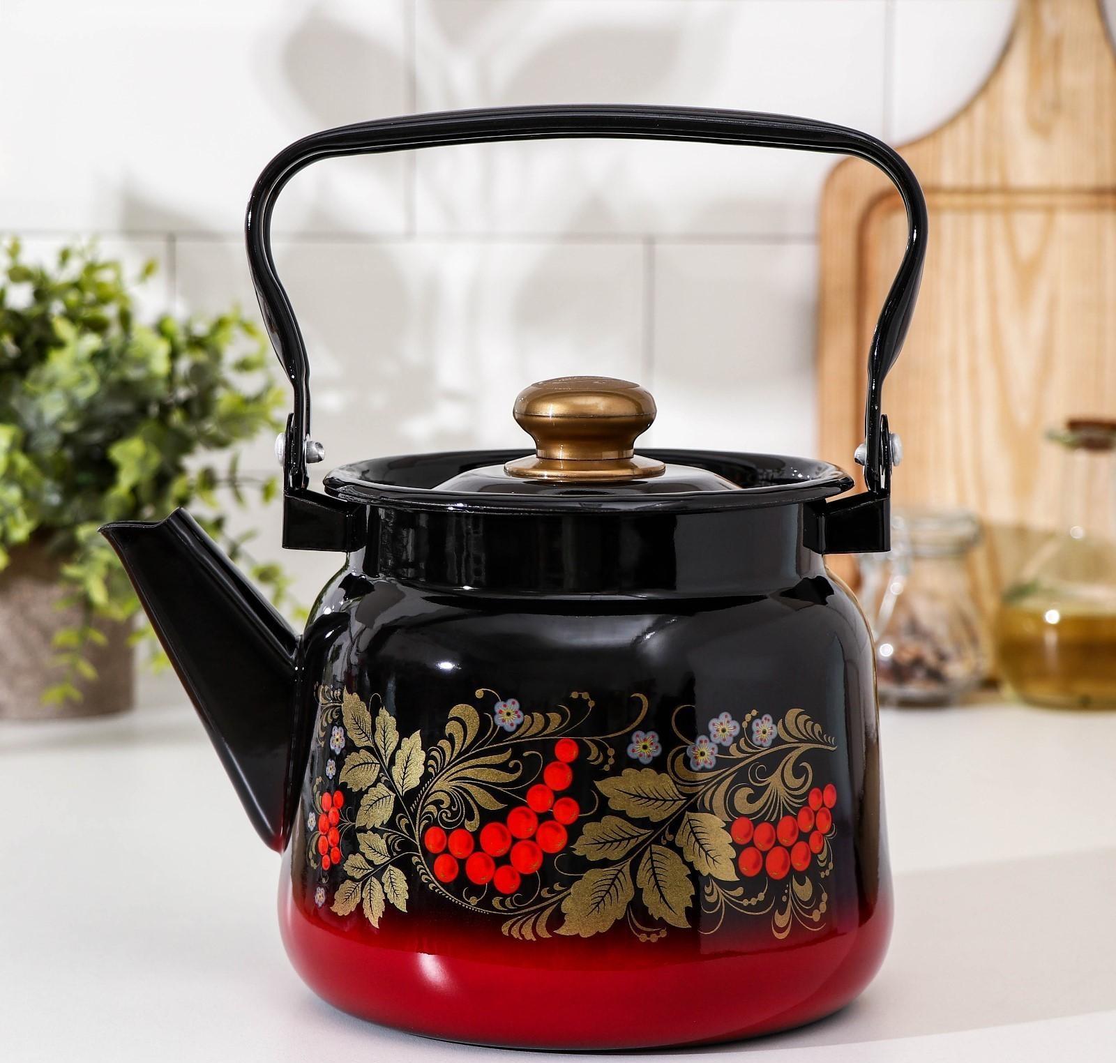Чайник «Рябина», 2,3 л, эмалированная крышка, индукция, цвет красно-чёрный, деколь МИКС