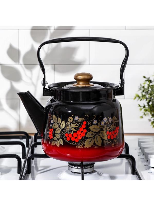 Чайник «Рябина», 2,3 л, эмалированная крышка, индукция, цвет красно-чёрный, деколь МИКС