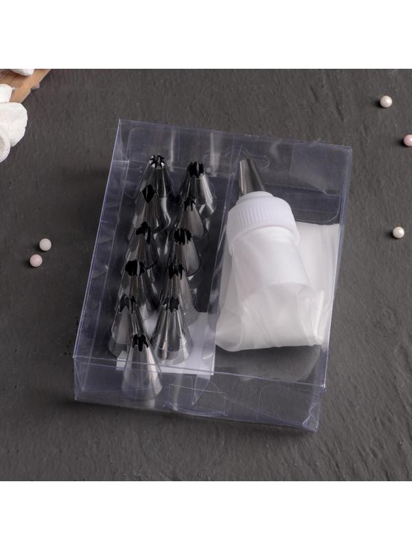 Набор кондитерский Доляна «Помощник», 12 насадок, d=1,5 см, мешок 23 см, насадки МИКС