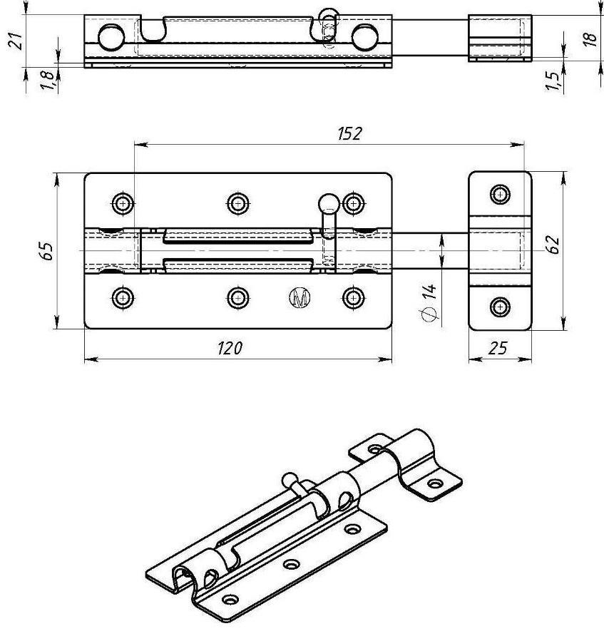 Задвижка дверная ЗД-09, покрытие полимер, бронзовая