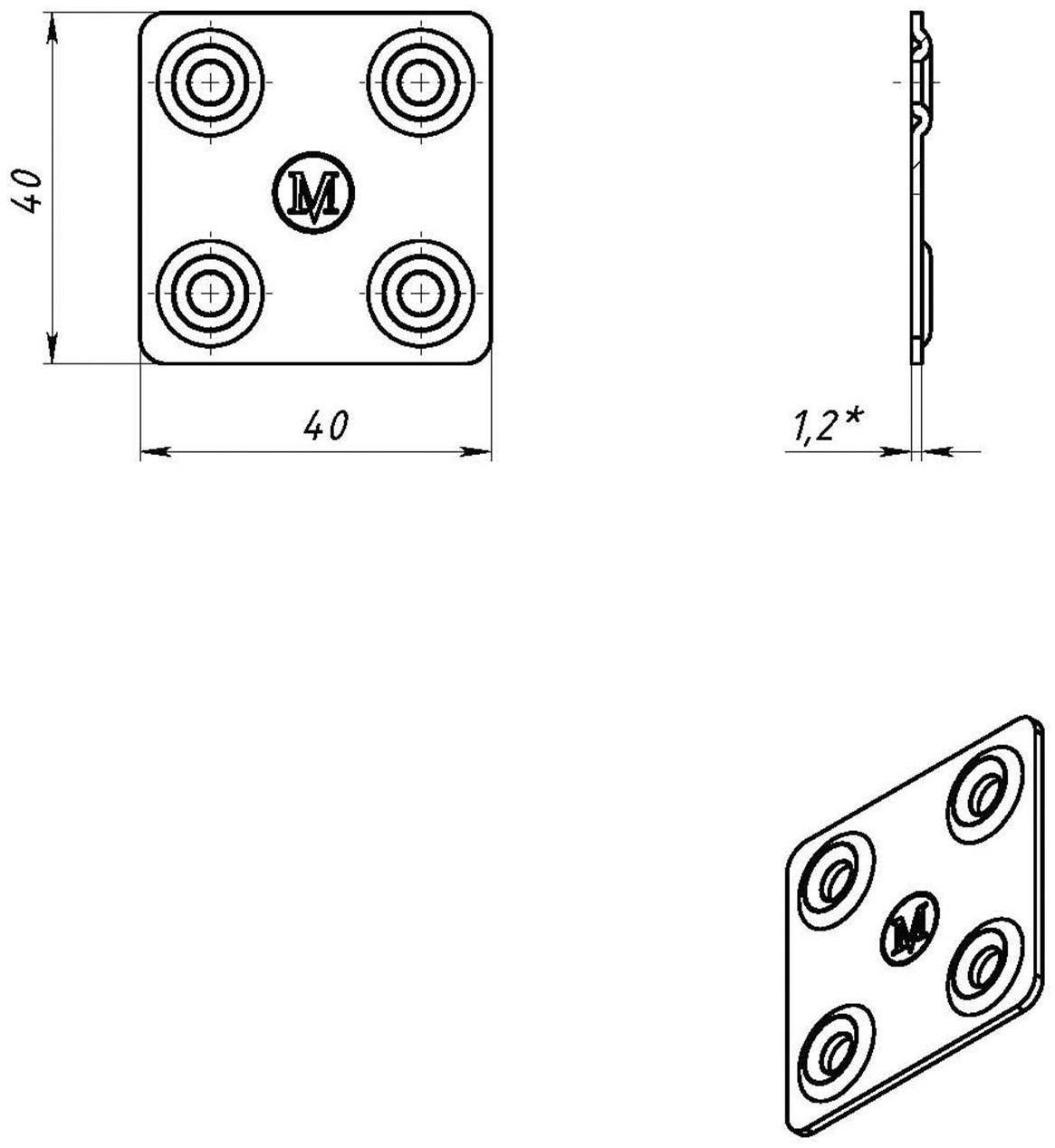 Пластина крепёжная, оцинкованная, 40 х 40 х 1.2 мм