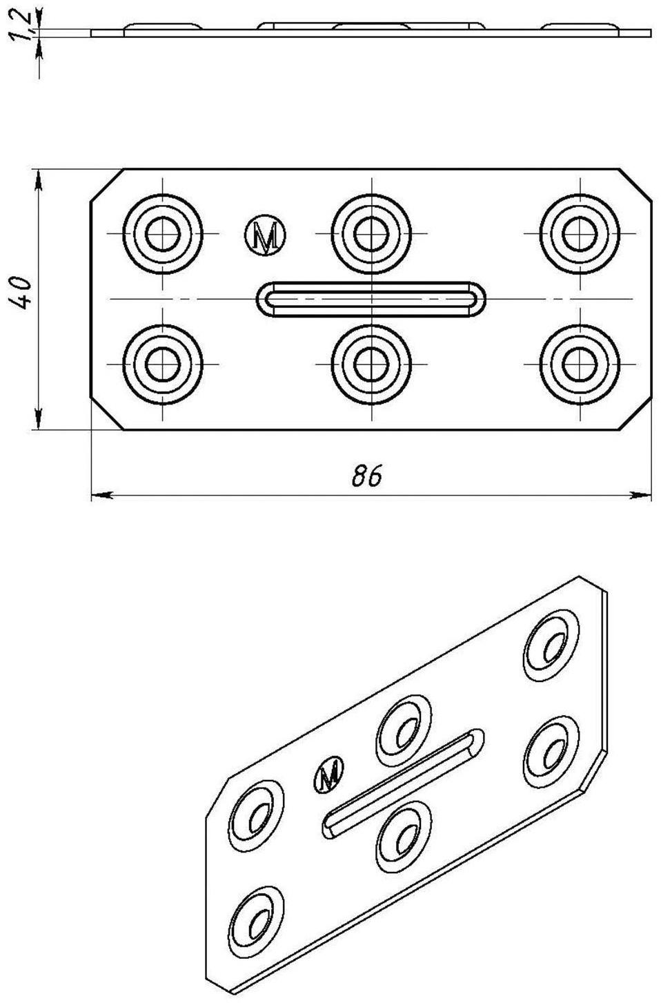 Пластина крепёжная, оцинкованная, 40 х 86 х 1.2 мм