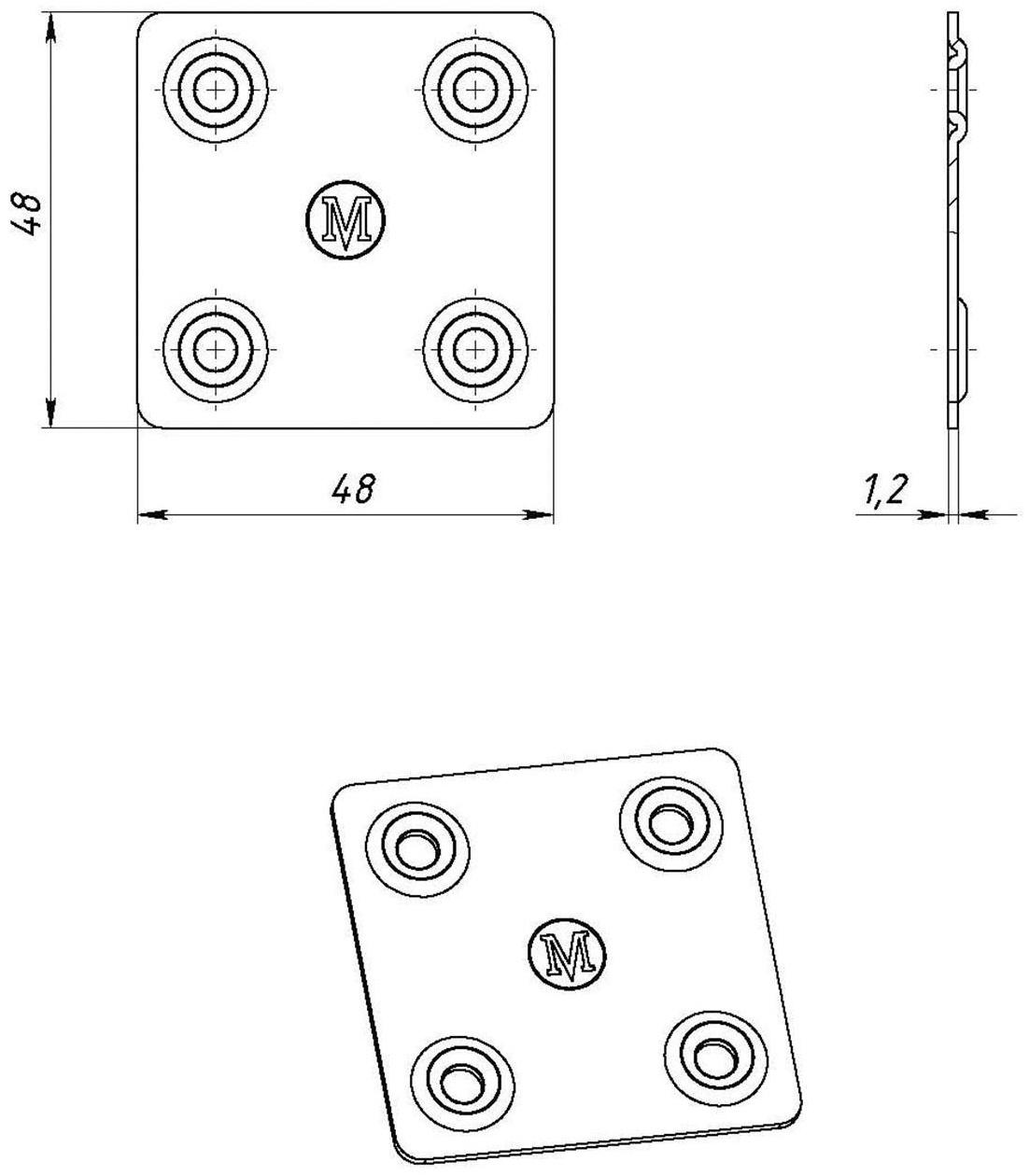 Пластина крепёжная, оцинкованная, 48 х 48 х 1.2 мм