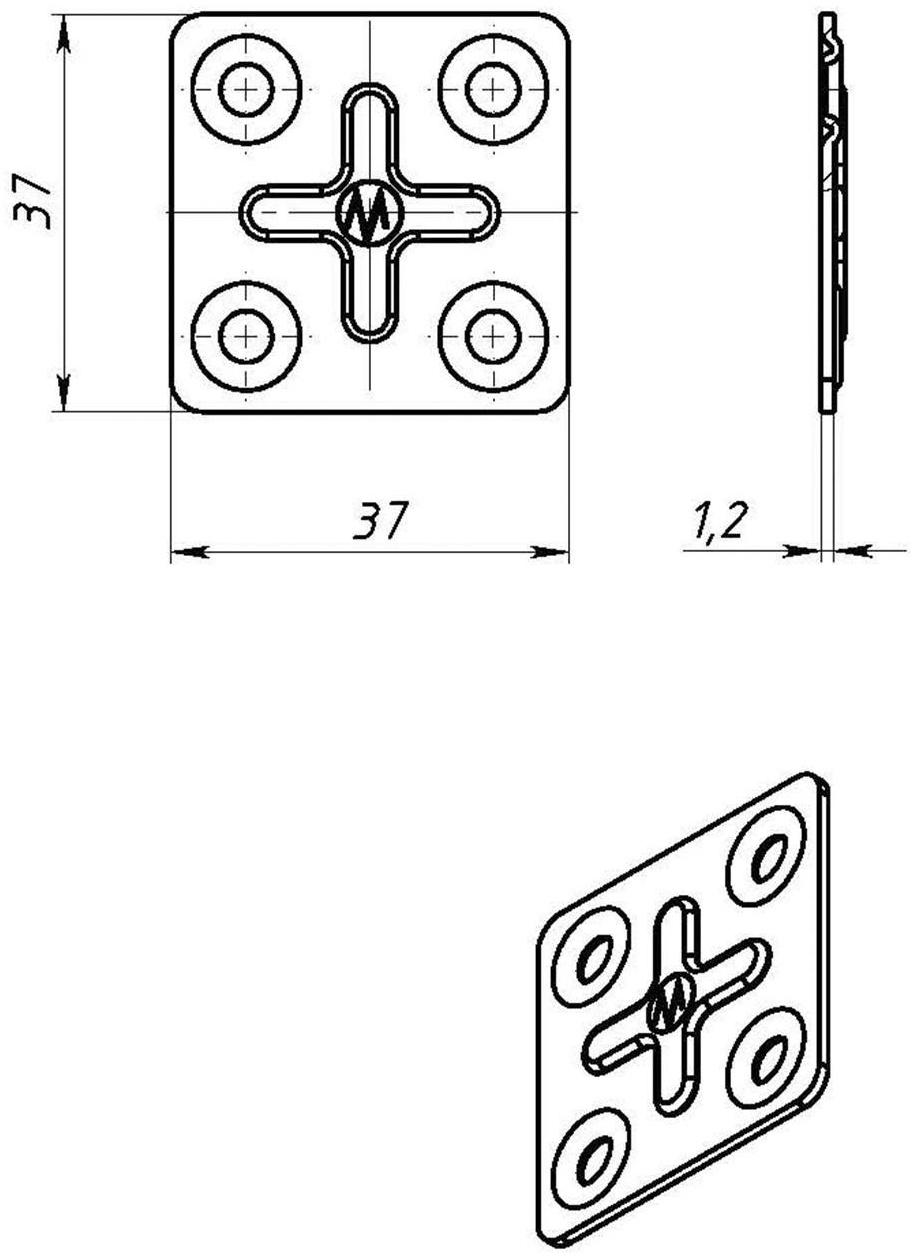 Пластина крепёжная, оцинкованная, 37 х 37 х 1.2 мм