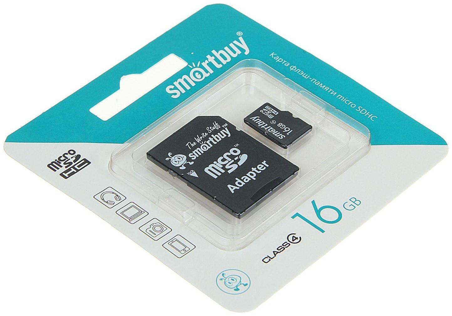 Карта памяти Smartbuy microSD, 16 Гб, SDHC, класс 4, с адаптером SD