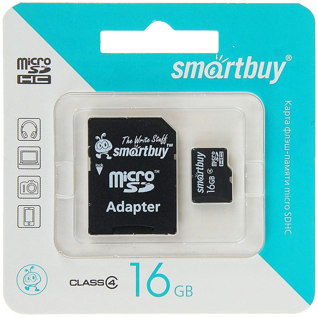 Карта памяти Smartbuy microSD, 16 Гб, SDHC, класс 4, с адаптером SD