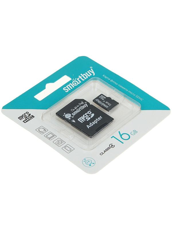 Карта памяти Smartbuy microSD, 16 Гб, SDHC, класс 4, с адаптером SD