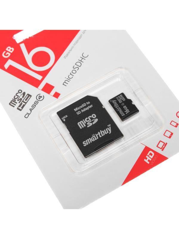 Карта памяти Smartbuy microSD, 16 Гб, SDHC, класс 4, с адаптером SD
