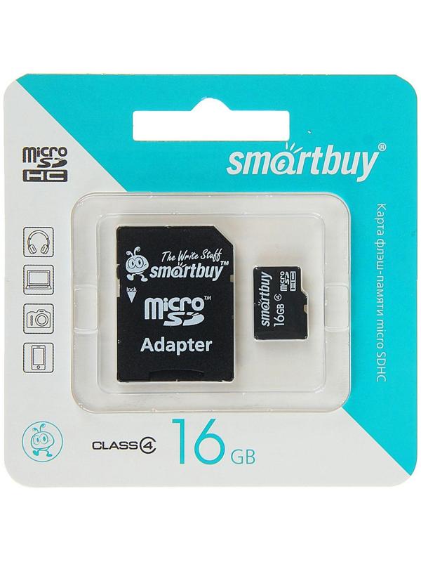Карта памяти Smartbuy microSD, 16 Гб, SDHC, класс 4, с адаптером SD