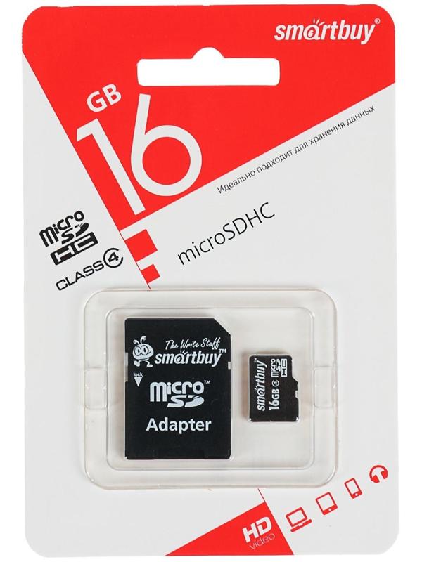 Карта памяти Smartbuy microSD, 16 Гб, SDHC, класс 4, с адаптером SD