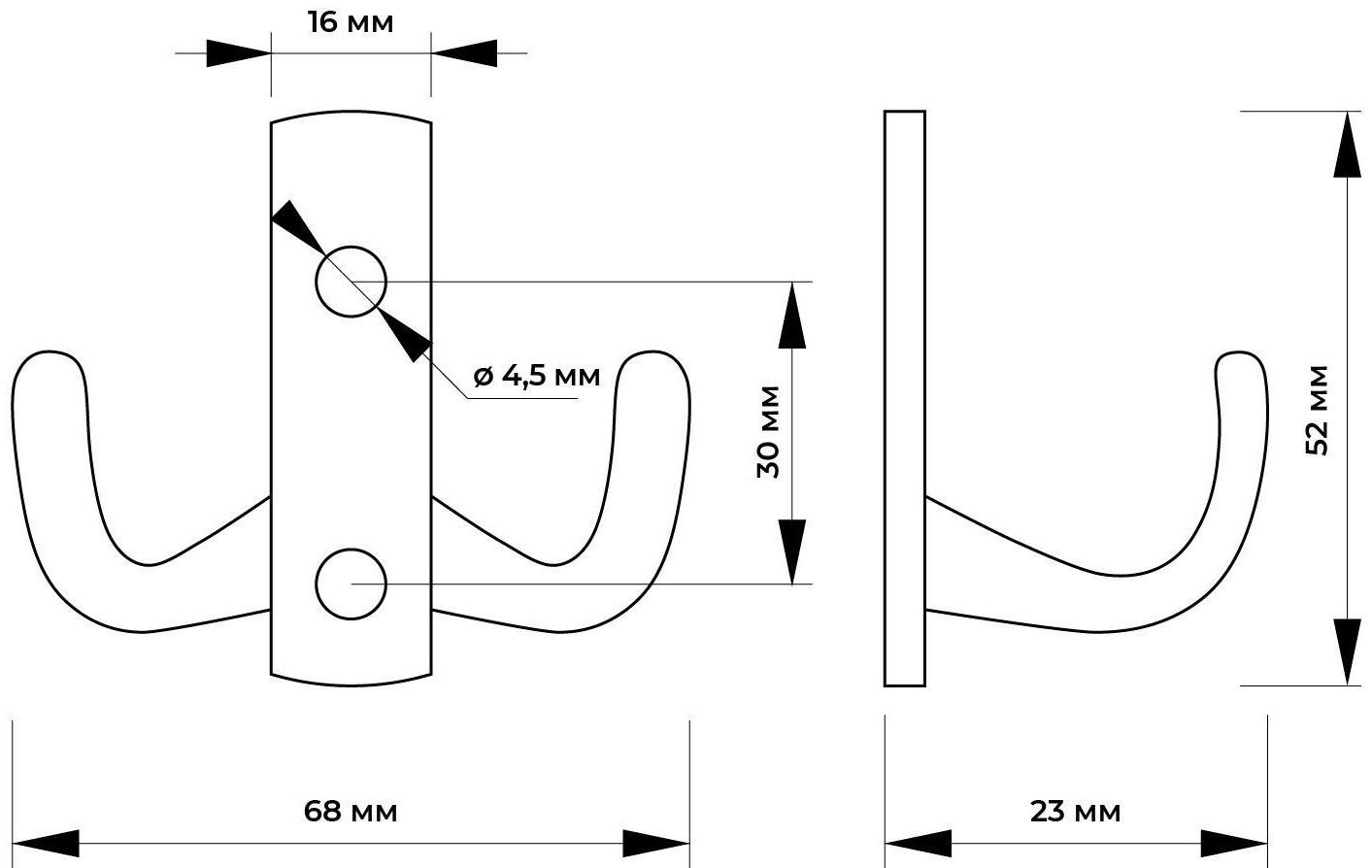 Крючок мебельный KM202GP, двухрожковый, цвет золото
