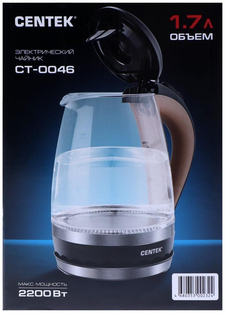 Чайник электрический Centek CT-0046, стекло, 1.7 л, 2200 Вт, подсветка, коричневый