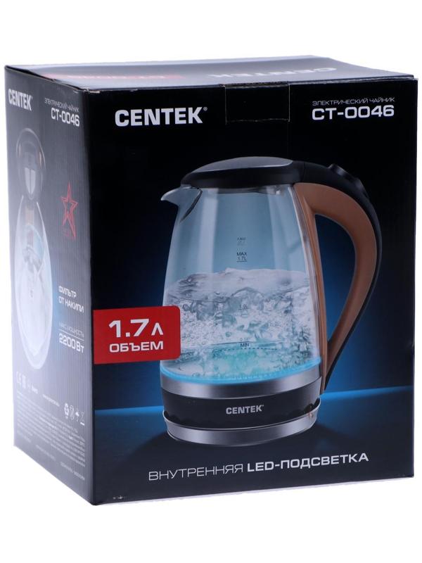 Чайник электрический Centek CT-0046, стекло, 1.7 л, 2200 Вт, подсветка, коричневый