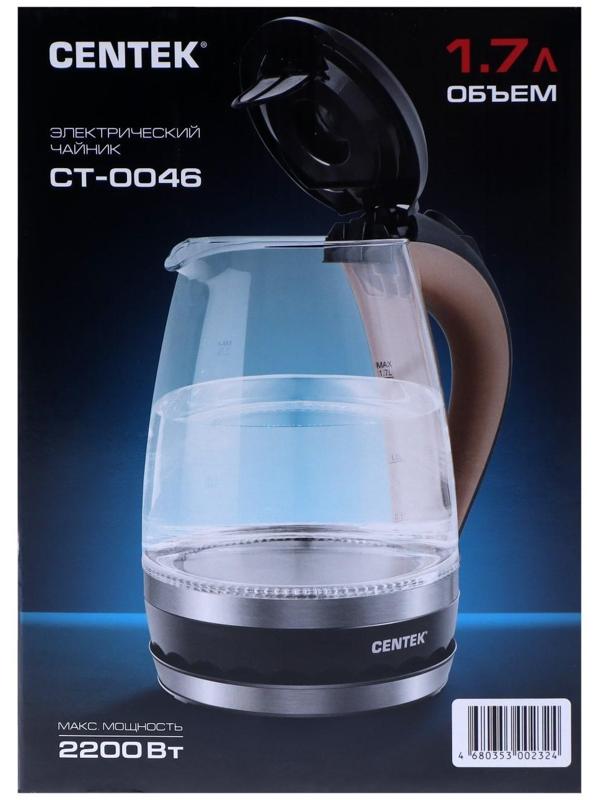 Чайник электрический Centek CT-0046, стекло, 1.7 л, 2200 Вт, подсветка, коричневый