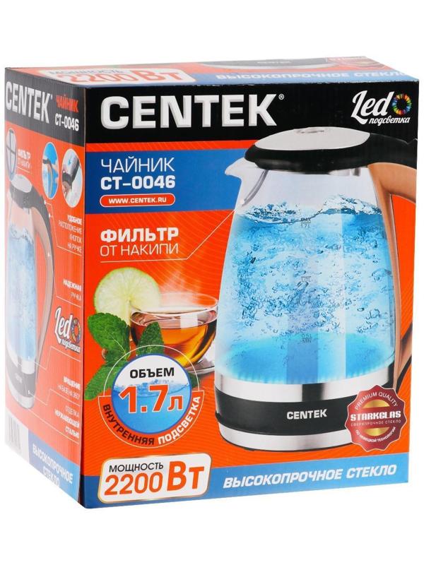 Чайник электрический Centek CT-0046, стекло, 1.7 л, 2200 Вт, подсветка, коричневый
