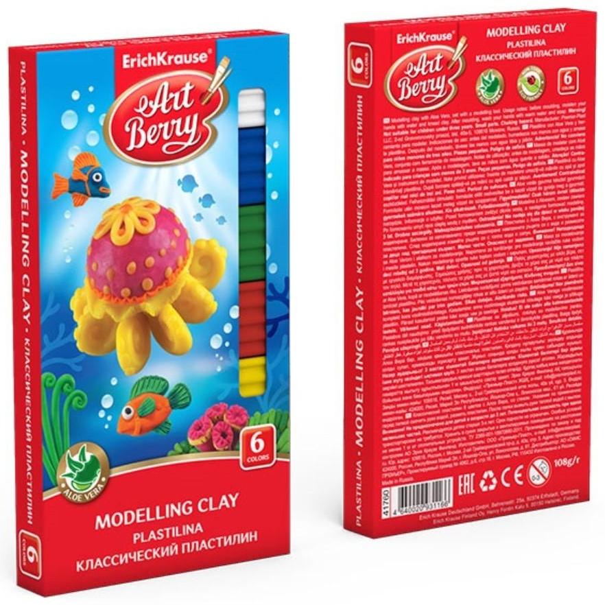 Пластилин 6 цветов, 108 г, ErichKrause ArtBerry, премиум, с алоэ вера, со стеком, индивидуальная упаковка брусков, в картонной упаковке