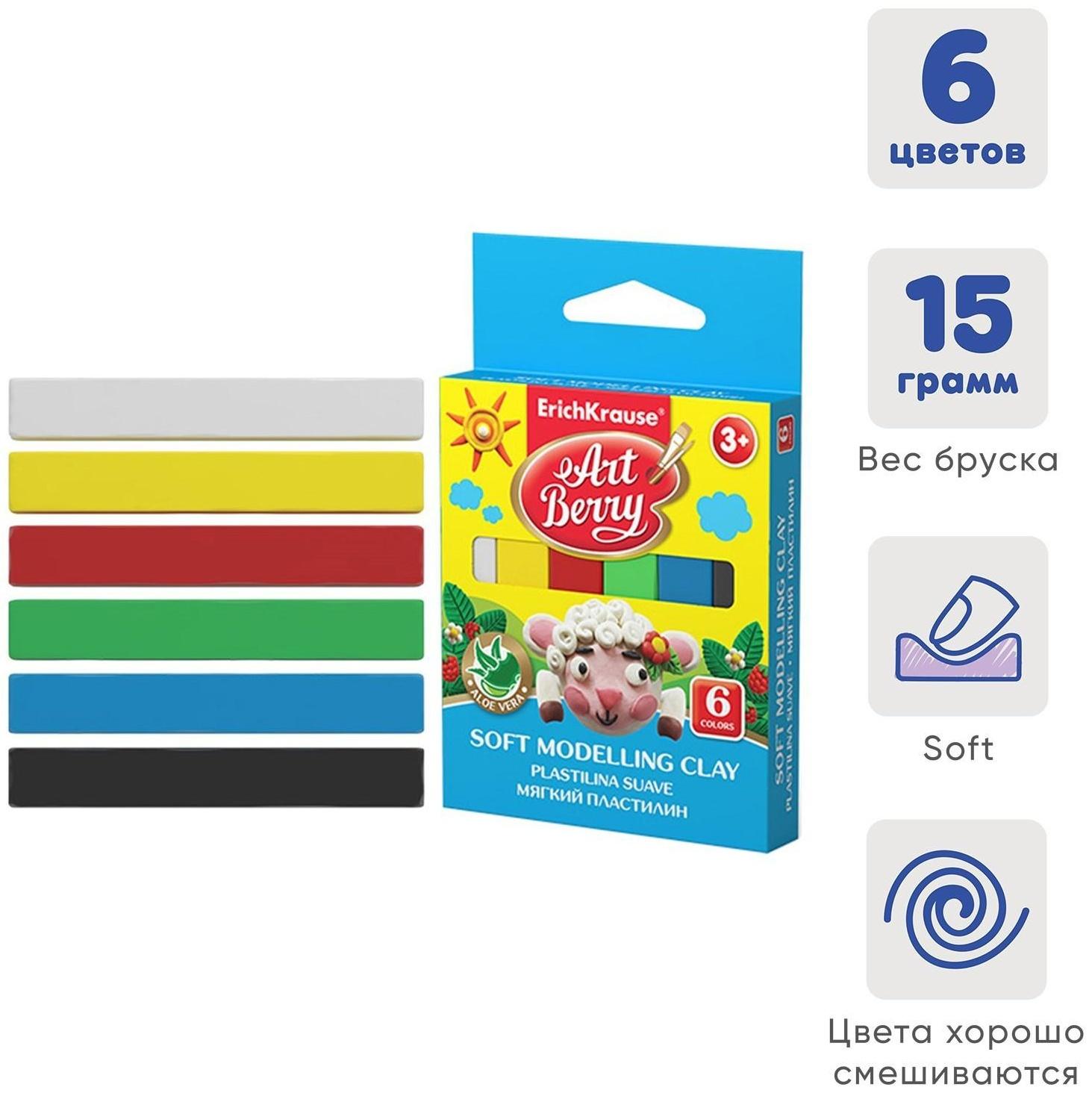 Пластилин мягкий (восковой), 6 цветов, 90 г, ArtBerry премиум, с Алоэ Вера, картон, с европодвесом