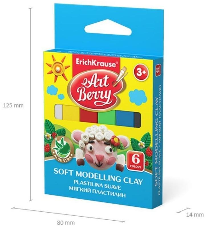 Пластилин мягкий (восковой), 6 цветов, 90 г, ArtBerry премиум, с Алоэ Вера, картон, с европодвесом