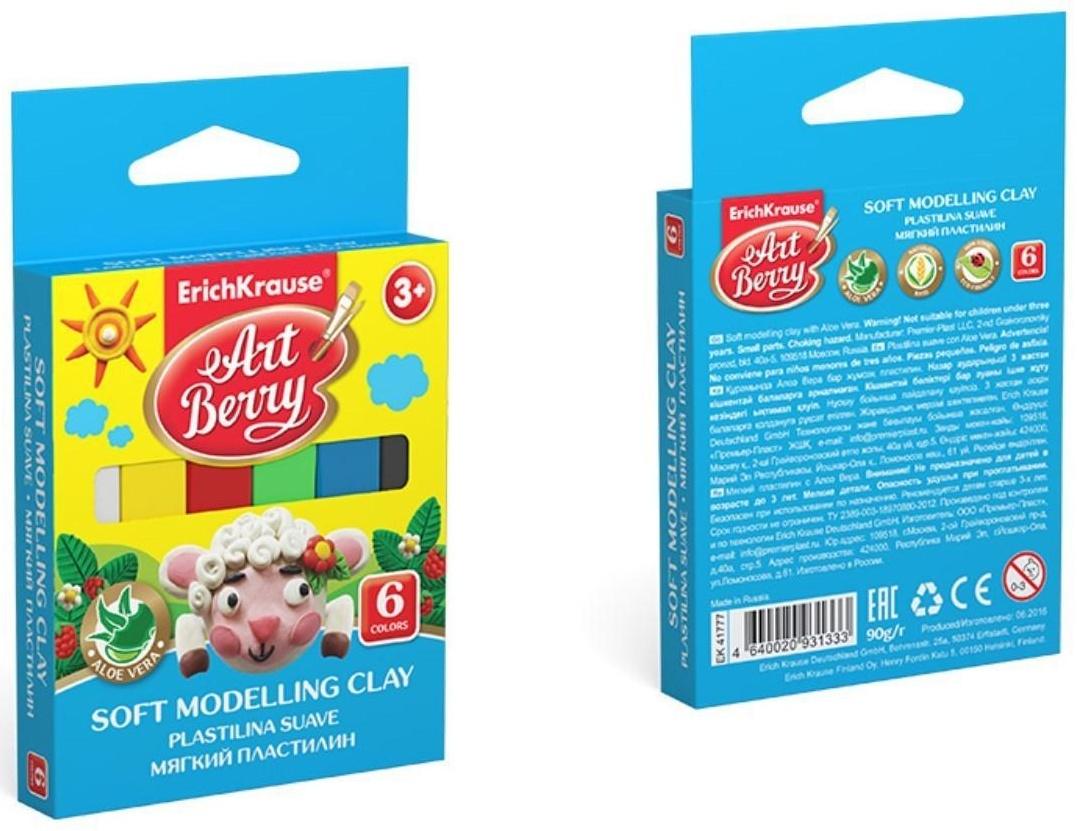 Пластилин мягкий (восковой), 6 цветов, 90 г, ArtBerry премиум, с Алоэ Вера, картон, с европодвесом