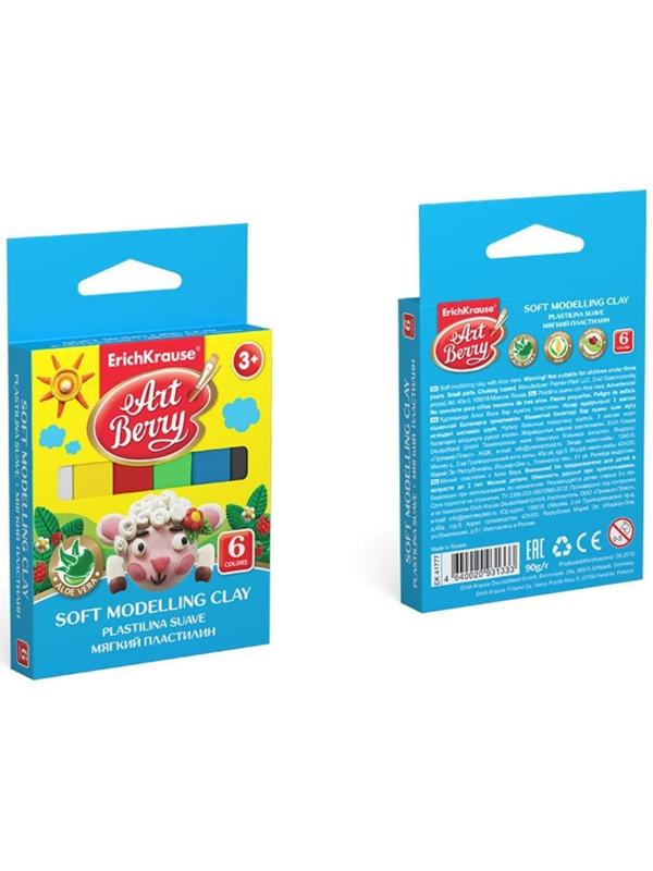 Пластилин мягкий (восковой), 6 цветов, 90 г, ArtBerry премиум, с Алоэ Вера, картон, с европодвесом