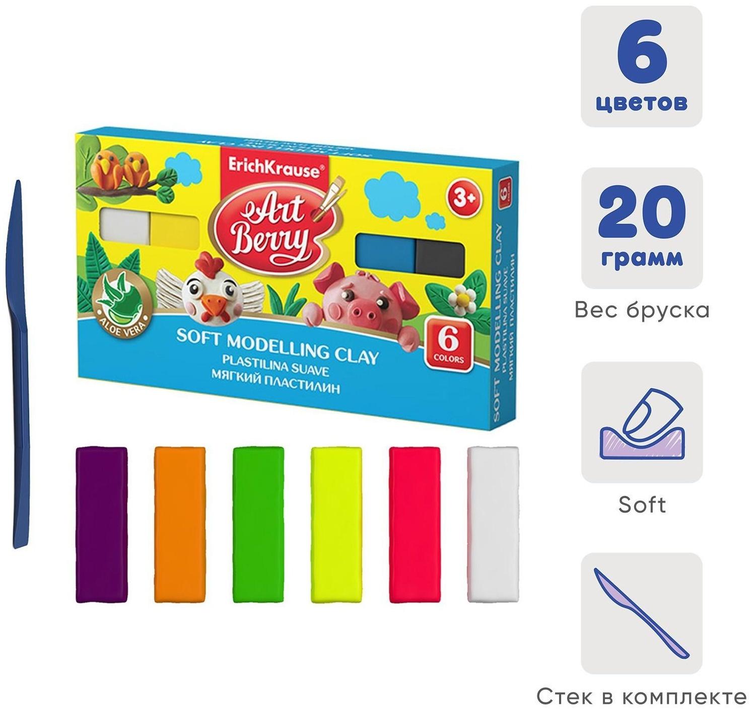 Пластилин мягкий (восковой), 6 цветов, 120 г, ErichKrause ArtBerry премиум, с Алоэ Вера, со стеком, картон, с европодвесом